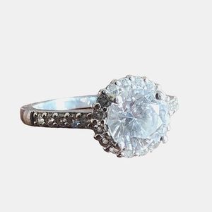 Sterling Silver Cubic Zirconia Engagement Ring Halo Style Size 7.75